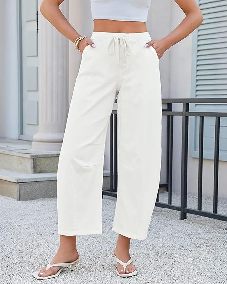 GRAPENT Barrel Jeans for Women Trendy High Waisted Cropped Baggy Wide Leg Pull On Elastic Waist Stretchy Denim Pants