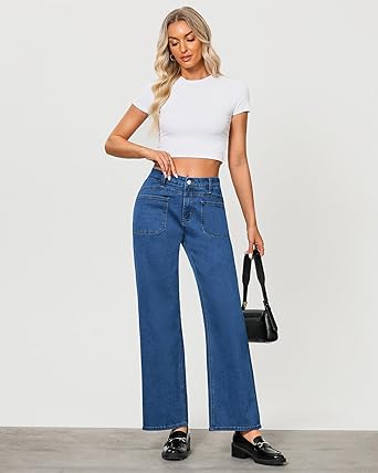 GRAPENT Wide Leg Jeans for Women Trendy High Waisted Loose Straight Leg Stretchy Retro Denim Pants with Pouch Pockets