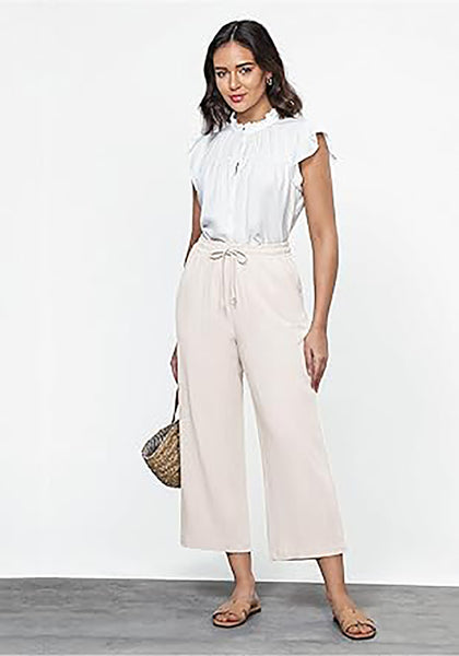 GRAPENT Linen Pants for Women High Waisted Wide Leg Capri Elastic Waist Casual Beach Flowy Cropped Summer Capris Pants