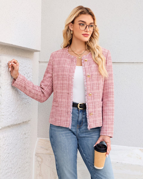 GRAPENT Tweed Blazers for Women Dressy Casual Collarless Work Suit Jackets Textured Tweed, Long Sleeve, Round Neck, Frayed Trim, Casual Blazer Jackets with Shoulder Pads, Business Casual, Office Wear