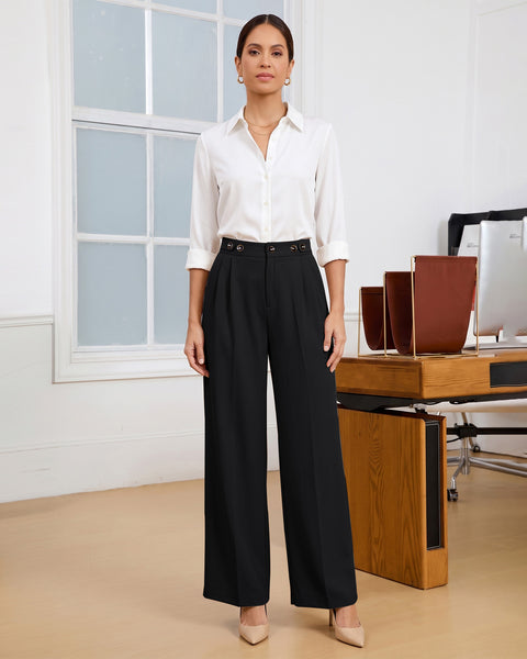 GRAPENT Business Casual Pants for Women Wide Leg Elastic Waist Work Trouser | Straight Wide Leg Dressy Casual Pants, High Waisted, Elastic Back Waist, Front Pleated, Cinched Waist, Work Office Outfits
