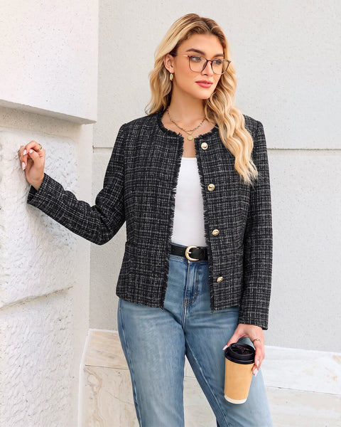 GRAPENT Tweed Blazers for Women Dressy Casual Collarless Work Suit Jackets Textured Tweed, Long Sleeve, Round Neck, Frayed Trim, Casual Blazer Jackets with Shoulder Pads, Business Casual, Office Wear