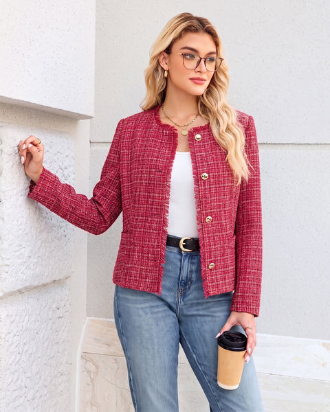 GRAPENT Tweed Blazers for Women Dressy Casual Collarless Work Suit Jackets Textured Tweed, Long Sleeve, Round Neck, Frayed Trim, Casual Blazer Jackets with Shoulder Pads, Business Casual, Office Wear