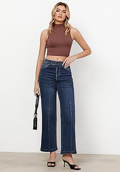 GRAPENT Pull On Womens Jeans Baggy Stretchy High Waisted Denim Wide Leg Trouser Pants Trendy Front Seam 90s Loose Jean