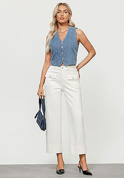 GRAPENT Wide Leg Jeans for Women Trendy High Waisted Straight Leg Cropped Stretchy Denim Pants with Retro Patch Pockets