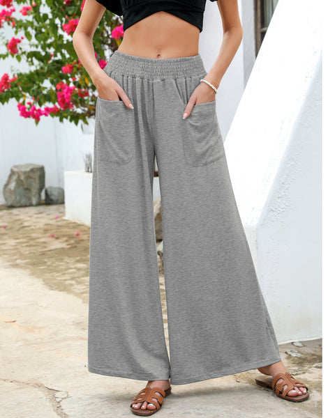 GRAPENT Wide Leg Pants for Women High Wasited Baggy Palazzo Pants Casual Pull On Bell Bottom Smocked Elastic Waist Pants