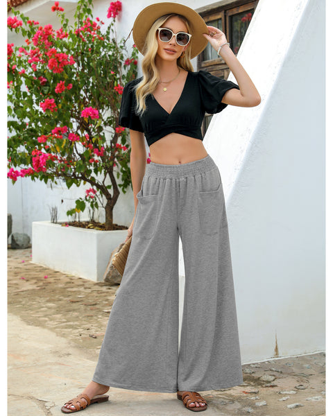 GRAPENT Wide Leg Pants for Women High Wasited Baggy Palazzo Pants Casual Pull On Bell Bottom Smocked Elastic Waist Pants