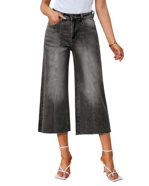 GRAPENT Jean Capris for Women Wide Leg Jeans High Waisted Seamed Front Raw Hem Denim Capri Pants Stretchy