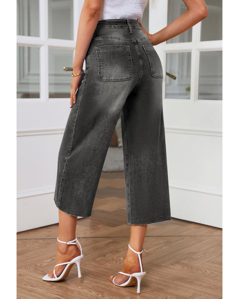 GRAPENT Jean Capris for Women Wide Leg Jeans High Waisted Seamed Front Raw Hem Denim Capri Pants Stretchy