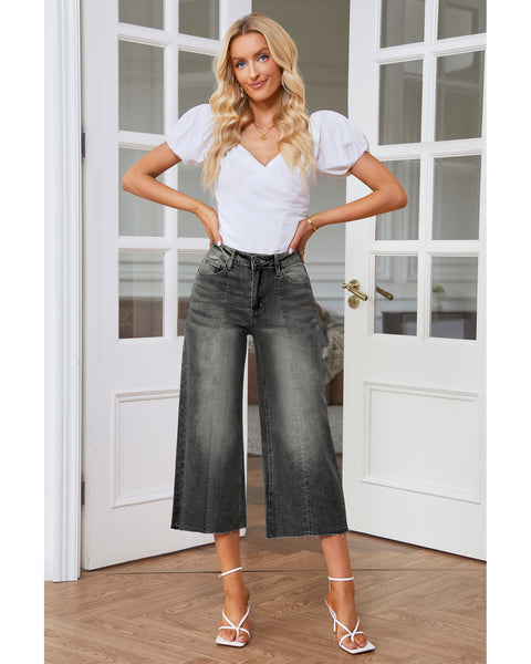 GRAPENT Jean Capris for Women Wide Leg Jeans High Waisted Seamed Front Raw Hem Denim Capri Pants Stretchy