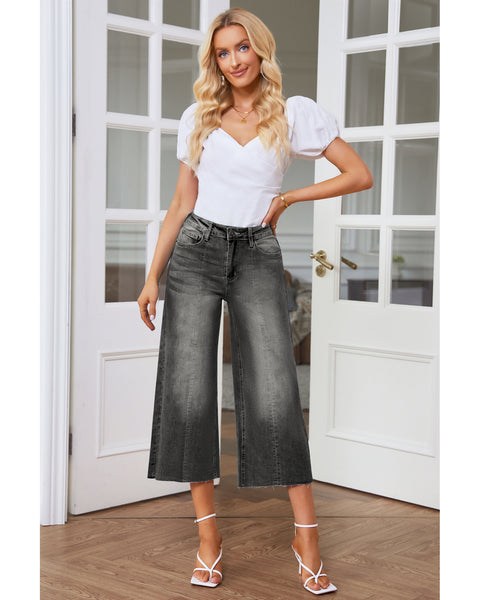 GRAPENT Jean Capris for Women Wide Leg Jeans High Waisted Seamed Front Raw Hem Denim Capri Pants Stretchy