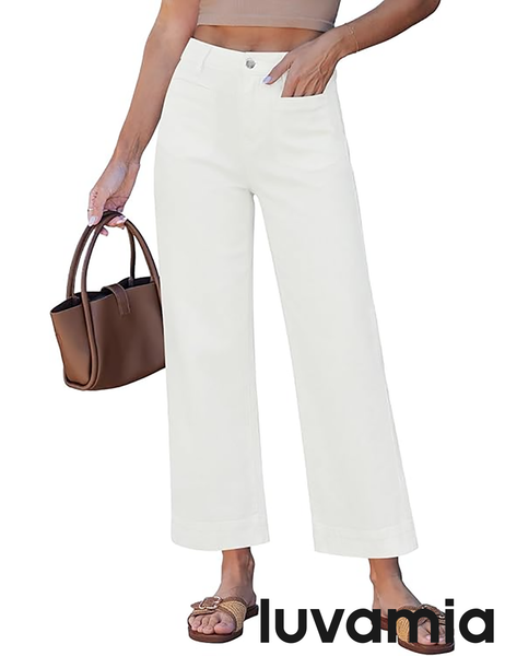 GRAPENT Wide Leg Jeans for Women Cropped High Waisted Trendy Patch Pocket Baggy Loose Straight Leg Stretchy Denim Pants