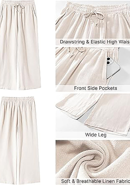 GRAPENT Linen Pants for Women High Waisted Wide Leg Capri Elastic Waist Casual Beach Flowy Cropped Summer Capris Pants