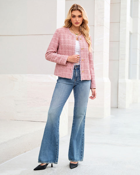 GRAPENT Tweed Blazers for Women Dressy Casual Collarless Work Suit Jackets Textured Tweed, Long Sleeve, Round Neck, Frayed Trim, Casual Blazer Jackets with Shoulder Pads, Business Casual, Office Wear