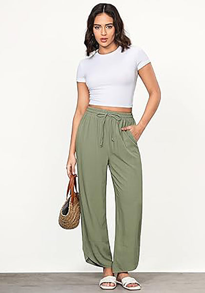 GRAPENT Linen Pants Women High Waisted Wide Leg Casual Beach Pull On Elastic Waist Summer Cropped Pants with Pockets
