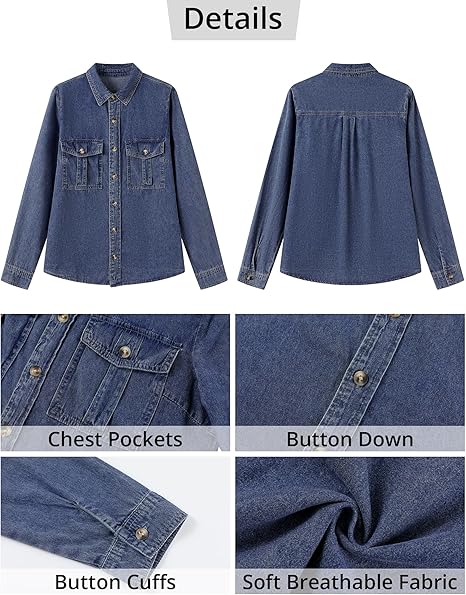 Grapent Women's Supima Cotton Wrinkle-free Relaxed Fit  Button Shirt Workwear-inspired Denim Shirt