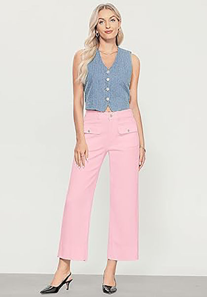 GRAPENT Wide Leg Jeans for Women Trendy High Waisted Straight Leg Cropped Stretchy Denim Pants with Retro Patch Pockets