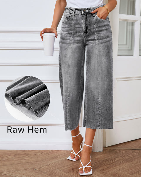 GRAPENT Jean Capris for Women Wide Leg Jeans High Waisted Seamed Front Raw Hem Denim Capri Pants Stretchy