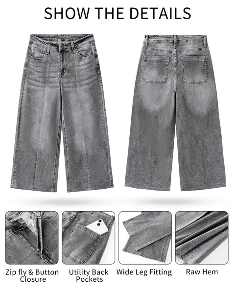 GRAPENT Jean Capris for Women Wide Leg Jeans High Waisted Seamed Front Raw Hem Denim Capri Pants Stretchy