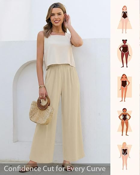 GRAPENT Linen Pants for Women Wide Leg High Waisted Paper Bag Smocked Waist Casual Summer Beach Vacation Palazzo Pants