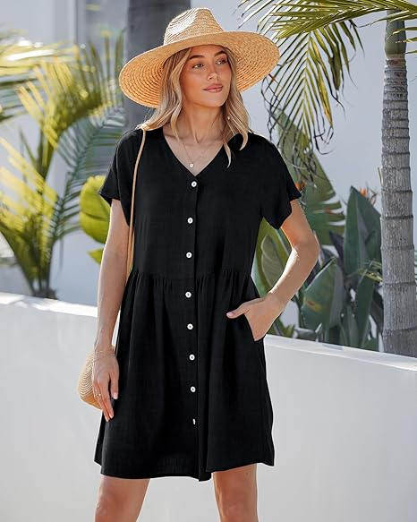 GRAPENT Linen Dresses for Women Casual Summer Babydoll Button Down Short Sleeve V Neck Above Knee Dress with Pockets