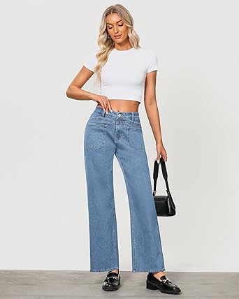 GRAPENT Wide Leg Jeans for Women Trendy High Waisted Loose Straight Leg Stretchy Retro Denim Pants with Pouch Pockets
