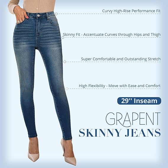 GRAPENT Skinny Jeans for Women High Waist Stretchy Classic High Rise Slimming Jeggings Denim Trousers Pants