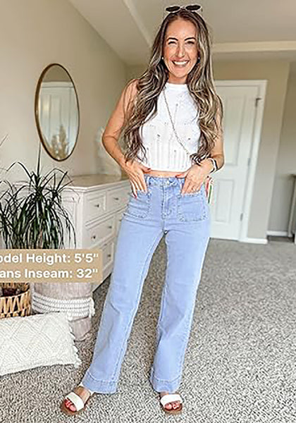 GRAPENT Women's Full Length Stretch Denim Regular Jeans High Waisted Bell Bottom