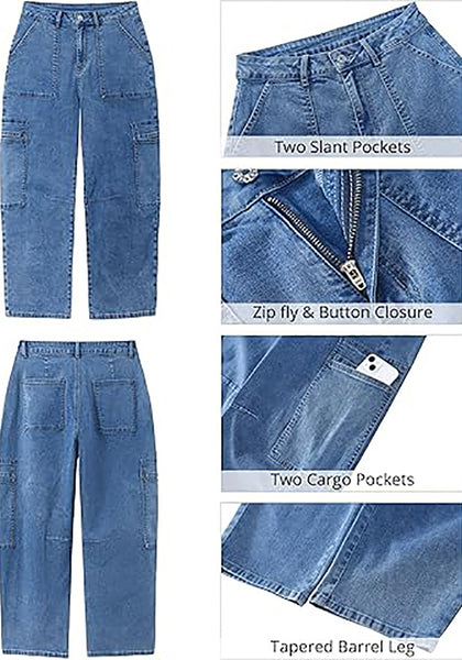 GRAPENT Barrel Jeans for Women Trendy High Waisted Cropped Cargo Pocket Baggy Stretch Denim Pants Wide Leg Tapered Jeans