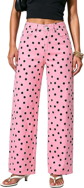 GRAPENT Wide Leg Jeans for Women High Waisted Polka Dot Stretch Denim Pants | Polka Dot, 90s Baggy Straight, High Rise, 29.5 Inch Inseam, Stretchy Jean Pants, Classic 5 Pockets, Business Casual Outfits
