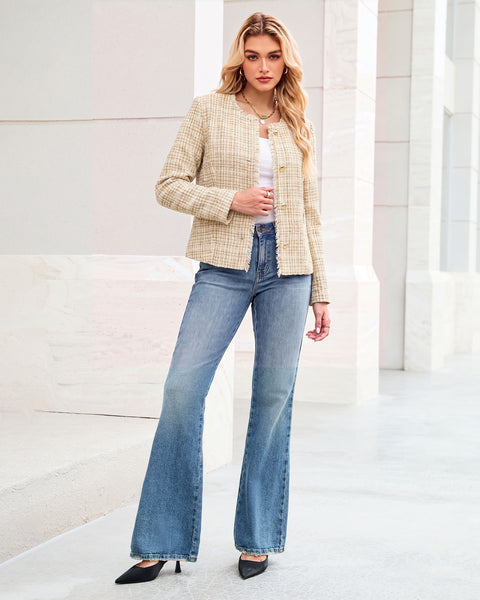 GRAPENT Tweed Blazers for Women Dressy Casual Collarless Work Suit Jackets Textured Tweed, Long Sleeve, Round Neck, Frayed Trim, Casual Blazer Jackets with Shoulder Pads, Business Casual, Office Wear