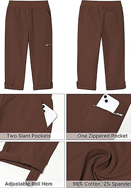 GRAPENT Capri Cargo Pants for Women High Waisted Pull On Elastic Waist Stretch Twill Fold Hem Capris Pants with Pockets