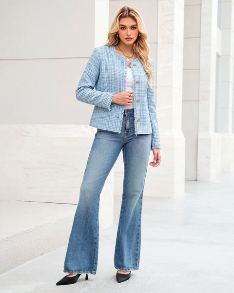 GRAPENT Tweed Blazers for Women Dressy Casual Collarless Work Suit Jackets Textured Tweed, Long Sleeve, Round Neck, Frayed Trim, Casual Blazer Jackets with Shoulder Pads, Business Casual, Office Wear