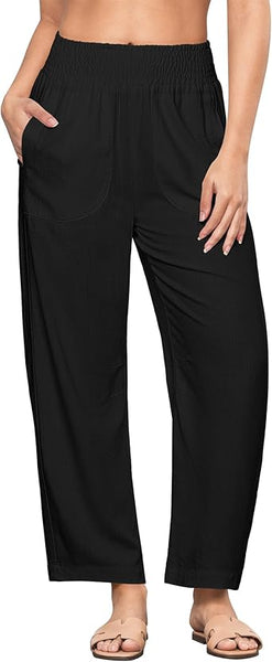 GRAPENT Linen Pants Women Wide Leg High Waisted Cropped Barrel Pull On Smocked Elastic Waist Summer Pants with Pockets