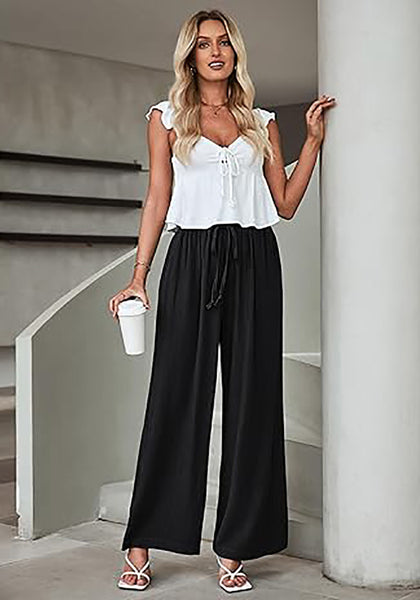 GRAPENT Wide Leg Pants Woman Linen High Waisted Pull On Flowy Casual Baggy Drawstring Palazzo Trousers Pants Resort Wear