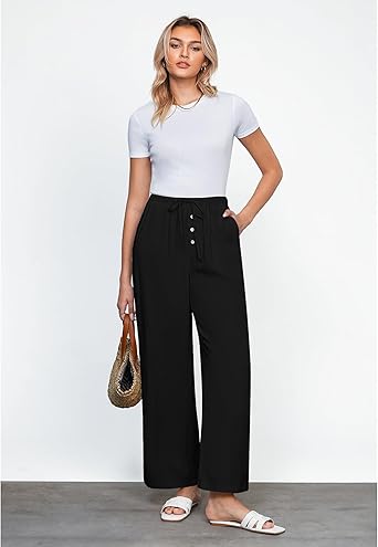 GRAPENT Linen Wide Leg Pants Woman High Waisted Pull On Button Drawstring Baggy Casual Summer Palazzo Pants with Pockets