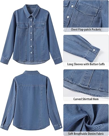 GRAPENT Women's Shirt Rugged Button Down Loose Durable Classic Fitted Denim Blouse Top