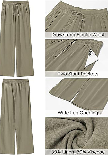 GRAPENT Linen Pants for Women Wide Leg High Waisted Baggy Drawstring Elastic Waist Palazzo Trousers Pants with Pockets