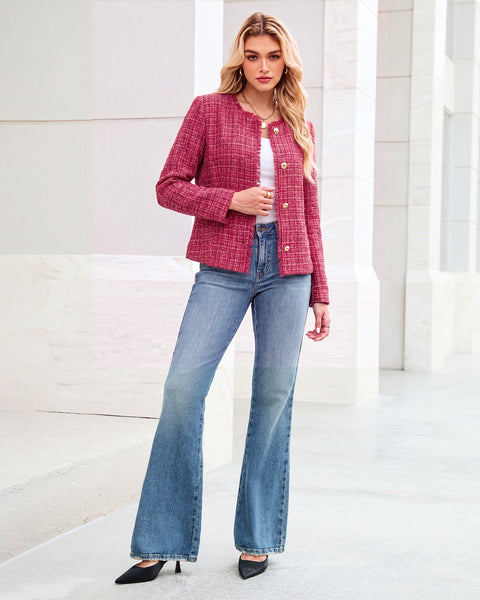 GRAPENT Tweed Blazers for Women Dressy Casual Collarless Work Suit Jackets Textured Tweed, Long Sleeve, Round Neck, Frayed Trim, Casual Blazer Jackets with Shoulder Pads, Business Casual, Office Wear