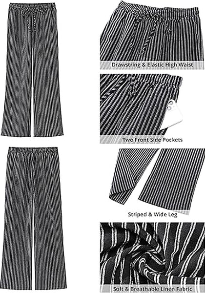 GRAPENT Striped Pants for Women High Waisted Wide Leg Cotton Linen Trendy Beach Pull on Elastic Waist Casual Flowy Pants