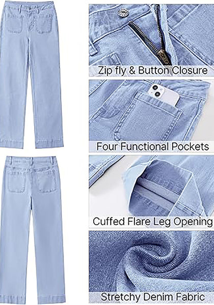 GRAPENT Women's Full Length Stretch Denim Regular Jeans High Waisted Bell Bottom