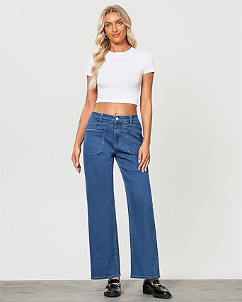 GRAPENT Wide Leg Jeans for Women Trendy High Waisted Loose Straight Leg Stretchy Retro Denim Pants with Pouch Pockets
