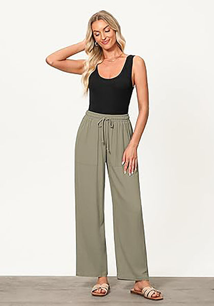 GRAPENT Linen Pants for Women Wide Leg High Waisted Baggy Drawstring Elastic Waist Palazzo Trousers Pants with Pockets