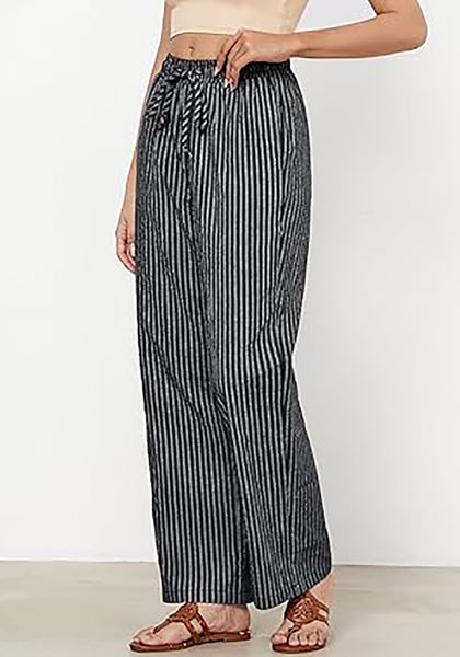 GRAPENT Striped Pants for Women High Waisted Wide Leg Cotton Linen Trendy Beach Pull on Elastic Waist Casual Flowy Pants