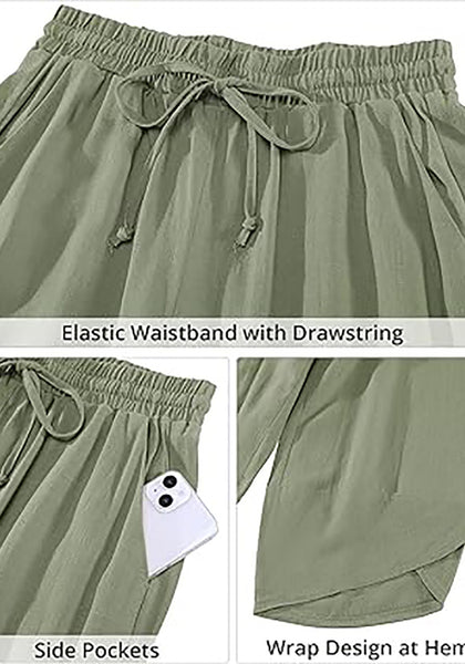 GRAPENT Linen Pants Women High Waisted Wide Leg Casual Beach Pull On Elastic Waist Summer Cropped Pants with Pockets