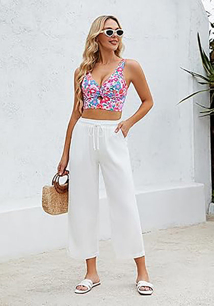 GRAPENT Bikini Tops for Women Cropped Tankini Tops Floral Printed Beach Padded Knot Twist Cut Out Bathing Suit Top Only