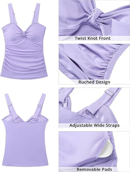 GRAPENT Women's Solid Stretch Ruched Twist Front Tankini Top With No Bottom