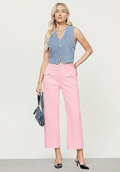 GRAPENT Wide Leg Jeans for Women Trendy High Waisted Straight Leg Cropped Stretchy Denim Pants with Retro Patch Pockets