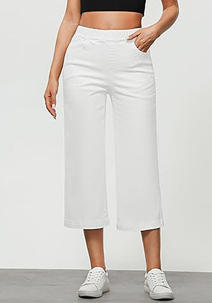 GRAPENT Capri Jeans for Women Wide Leg High Waisted Effortless Flow Pull On Stretchy Denim Elastic Waist Pants with Pockets