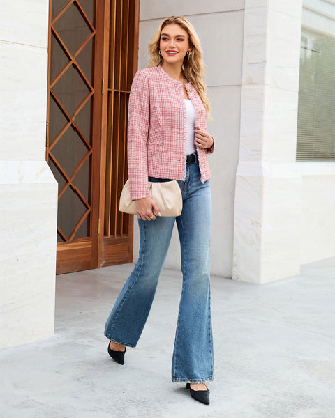 GRAPENT Tweed Blazers for Women Dressy Casual Collarless Work Suit Jackets Textured Tweed, Long Sleeve, Round Neck, Frayed Trim, Casual Blazer Jackets with Shoulder Pads, Business Casual, Office Wear